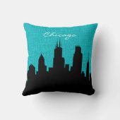 ブラックアンドターコイズバーラップシカゴスカイラインプリント クッション (裏面)