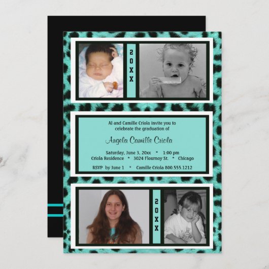 ブラックアンドティール(緑がかった色)レオパードフォト卒業招待状 招待状 (正面/裏面)