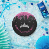 ブラックアンドピンク滴下グリッター誕生日 ペーパープレート (パーティー)