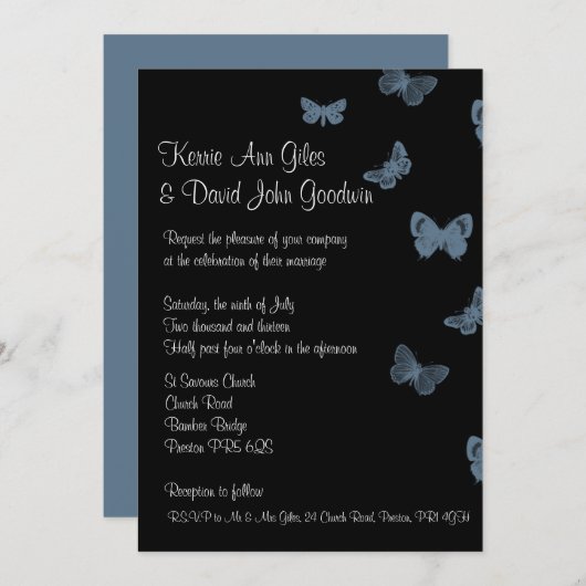 ブラックアンドブルーバタフライ結婚式招待状 招待状 (正面/裏面)