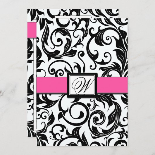 ブラックアンドホットピンクダマスク結婚式招待状 招待状 (正面/裏面)
