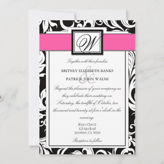 ブラックアンドホットピンクダマスク結婚式招待状 招待状 (裏面)