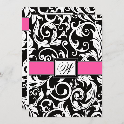 ブラックアンドホットピンクダマスク結婚式招待状 招待状 (正面/裏面)