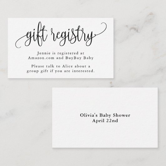 ブラックアンドホワイトのカリグラフィー スクリプト ギフト レジストリー エンクロージャーカード (正面/裏面)