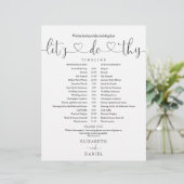 ブラックアンドホワイトのスクリプトウェディングスケジュールタイムライン (スタンド正面)