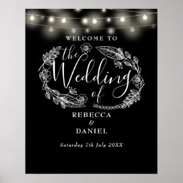 ブラックアンドホワイトのストリングライト ウェルカムサイン 結婚式 ポスター