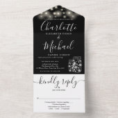 ブラックアンドホワイトのストリングライト メイソンジャー ウェディング オールインワン招待状 (内側)