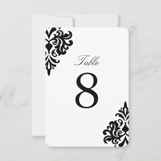 ブラックアンドホワイトのダマスクテーブルナンバー 招待状 (正面)