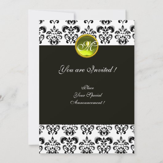 ブラックアンドホワイトのダマスクモノグラム、イエロートパーズ 招待状 (裏面)