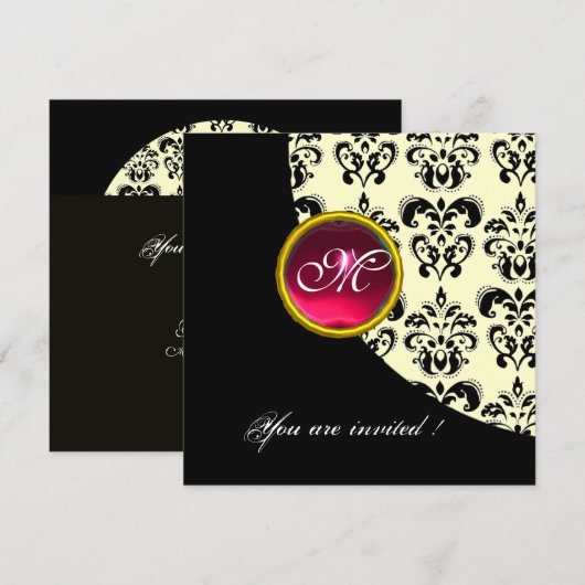 ブラックアンドホワイトのダマスクモノグラム、赤ルビー、シルバー 招待状 (正面/裏面)