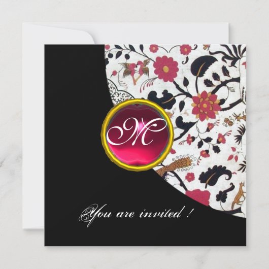 ブラックアンドホワイトのダマスクモノグラム、赤ルビー 招待状 (正面)