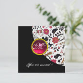 ブラックアンドホワイトのダマスク柄モノグラム, 赤ルビー, 招待状 (スタンド正面)