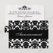 ブラックアンドホワイトのダマスク結婚式中止カード 案内状 (正面/裏面)