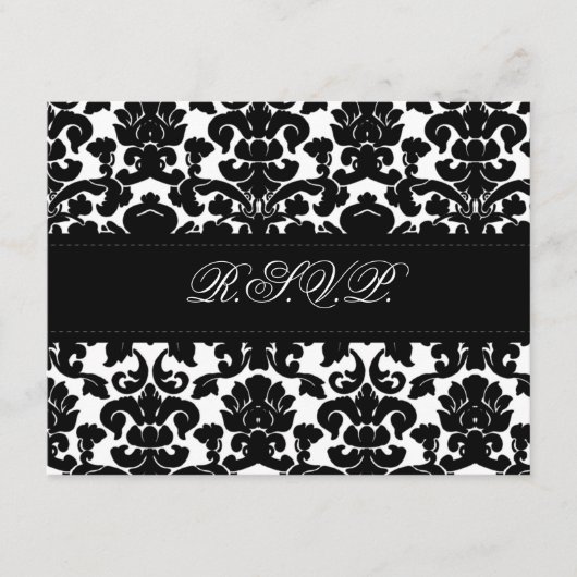 ブラックアンドホワイトのダマスク返信カード 出欠カード (正面)