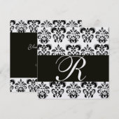 ブラックアンドホワイトのダマスク モノグラム アイス メタリック 招待状 (正面/裏面)