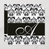 ブラックアンドホワイトのダマスク モノグラム チャンピエグン メタリック 招待状 (正面/裏面)