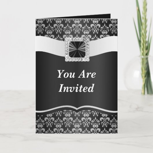 ブラックアンドホワイトのダマスク 招待状 (正面)