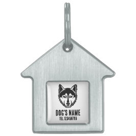 ブラックアンドホワイトのハスキー肖像画 リノカットプリント ペットネームタグ