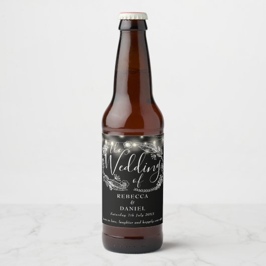 ブラックアンドホワイトの結婚式の花のつるす照明 ビールラベル (正面)