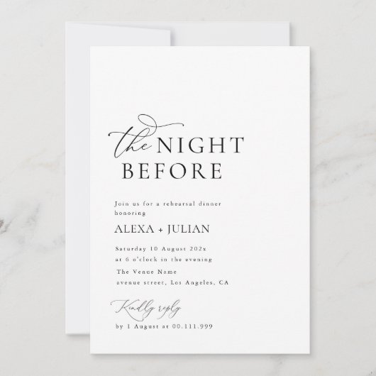 ブラックアンドホワイトの結婚式リハーサル前夜 招待状 (正面)