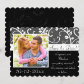 ブラックアンドホワイトの花の写真 保存日カード セーブザデート (正面/裏面)