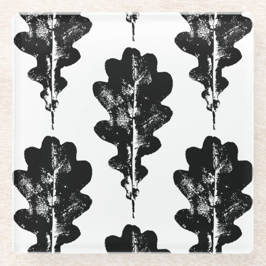 ブラックアンドホワイトオークリーフプリント ガラスコースター (正面)