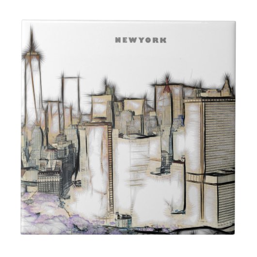 ブラックアンドホワイトスカイラインニューヨークシティスケッチ タイル (正面)