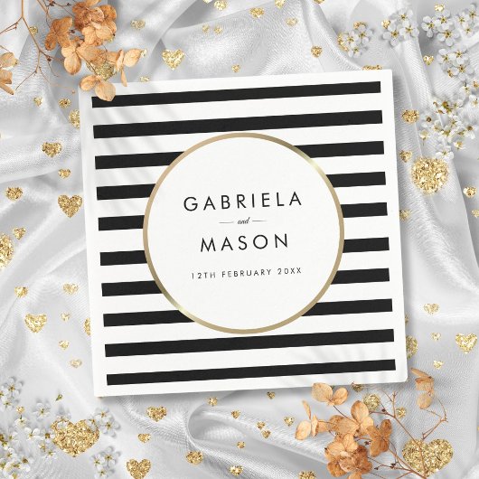 ブラックアンドホワイトストライプチックゴールドウェディング スタンダードカクテルナプキン