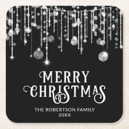 ブラックアンドホワイトストリングライト クリスマスパーティー スクエアペーパーコースター