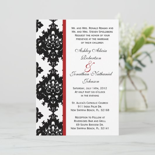 ブラックアンドホワイトダマスク結婚式招待状 招待状 (スタンド正面)