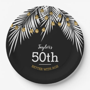 ブラックアンドホワイトパーム50歳の誕生日パーティー ペーパープレート