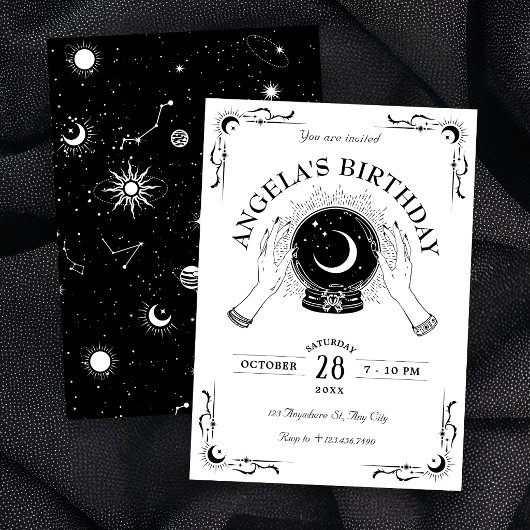 ブラックアンドホワイト魔法の月クリスタルボール 誕生日 招待状