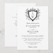 ブラックアンドホワイト クレスト モノグラム QR コード ウェディング 招待状 (正面/裏面)