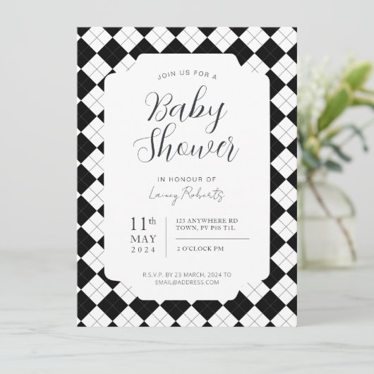 ブラックアンドホワイト スクエアアーガイル ジェンダーニュートラル 招待状 (スタンド正面)