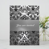 ブラックアンドホワイト ダマスク ジェム ストーン モノグラム 招待状 (スタンド正面)