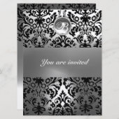 ブラックアンドホワイト ダマスク ジェム ストーン モノグラム 招待状 (正面/裏面)