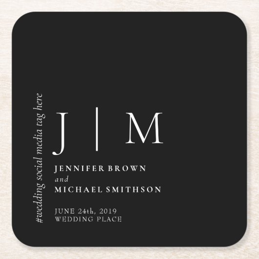ブラックアンドホワイト フォーマル シンプル エレガント ウェディング スクエアペーパーコースター (正面)