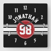 ブラックアンドレッドスポーツジャージー名前をカスタムする番号 スクエア壁時計 (正面)
