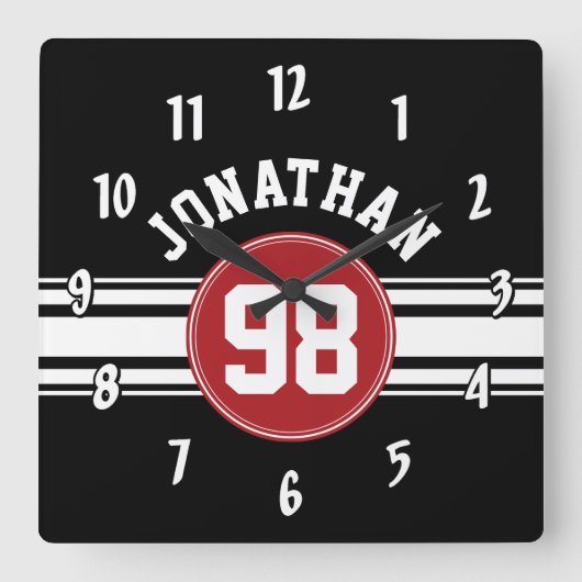 ブラックアンドレッドスポーツジャージー名前をカスタムする番号 スクエア壁時計 (正面)