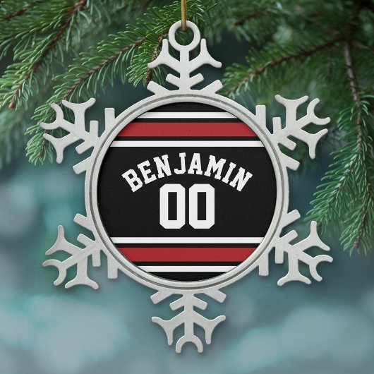 ブラックアンドレッドスポーツジャージー名前をカスタムする番号 スノーフレークピューターオーナメント