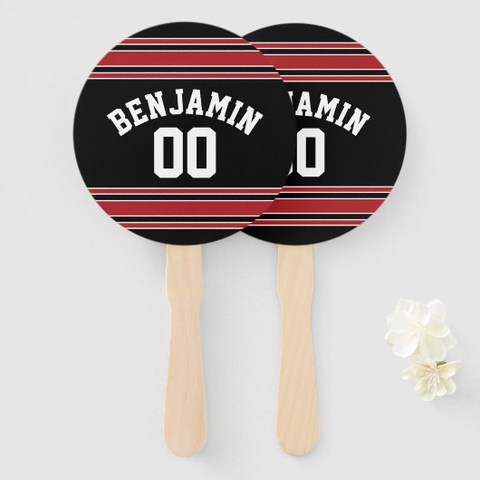 ブラックアンドレッドスポーツジャージー名前をカスタムする番号 ハンドファン (正面&裏面)