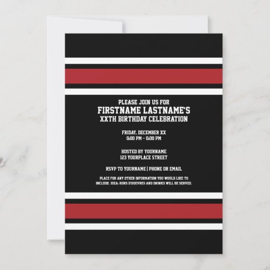 ブラックアンドレッドスポーツジャージー名前をカスタムする番号 招待状 (正面)