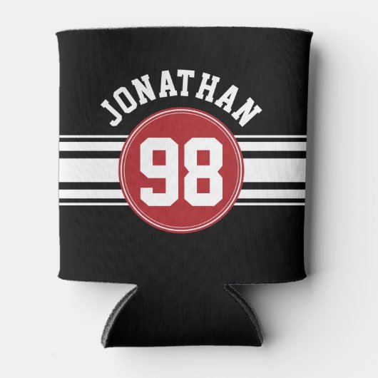 ブラックアンドレッドスポーツジャージー名前をカスタムする番号 缶クーラー (正面)