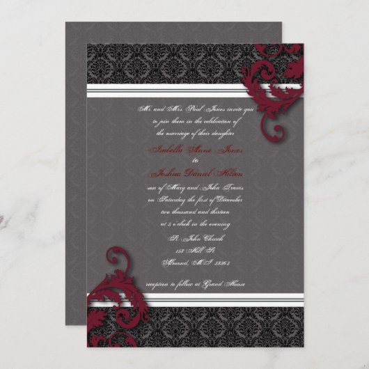 ブラックアンドレッドダマスエレガントク招待状 招待状 (正面/裏面)