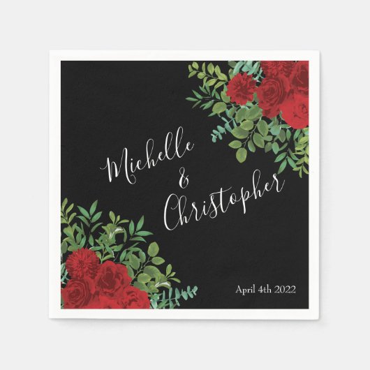 ブラックアンドレッドピーニーバラ結婚フローラ スタンダードカクテルナプキン (正面)