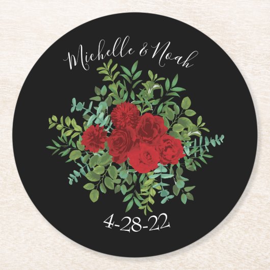 ブラックアンドレッドピーニーバラ結婚フローラ ラウンドペーパーコースター (正面)