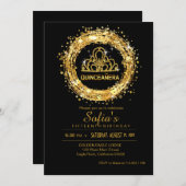 ブラックアンド金ゴールドキンセアニェラグリッターティアラ 招待状 (正面/裏面)