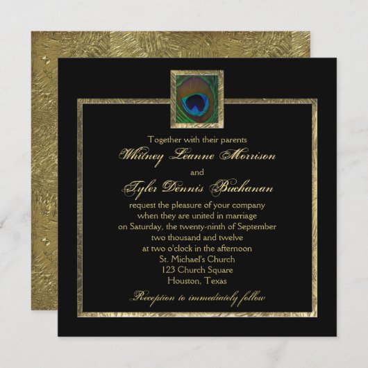 ブラックアンド金ゴールドピーコックフェザー結婚式招待状 招待状 (正面/裏面)