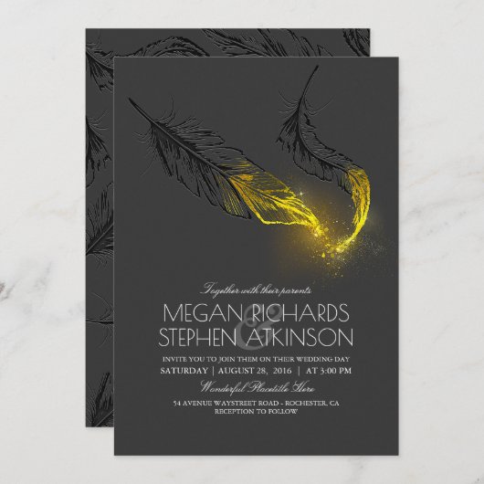 ブラックアンド金ゴールドフェザーシックエレガント秋の結婚式 招待状 (正面/裏面)