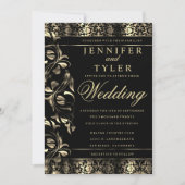 ブラックアンド金ゴールドフローラダマスク招待状 招待状 (正面)